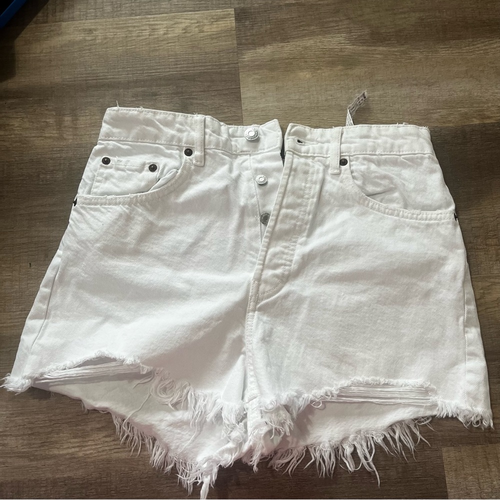 Zara High Rise White Distressed Denim Short
